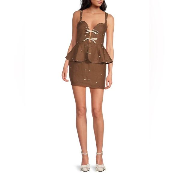 Fanm Mon Helaina Floral Embroidered Brown Mini Dress Size XS